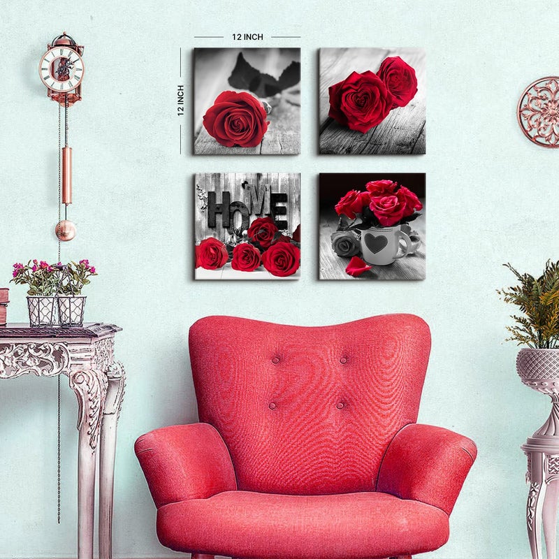 YOOOAHU Red Wall Decor for Bedroom Red Bathroom Accessories Black and White Canvas Wall Art Rose Pictures for Living Room Home Decorations Flower Painting Couples Bedroom Kitchen Modern Artwork 12x12"4Pcs/Set - Image 2